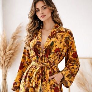 Reversible Cotton Velvet Kimono Robe | Bird & Floral Print | Pockets One Size